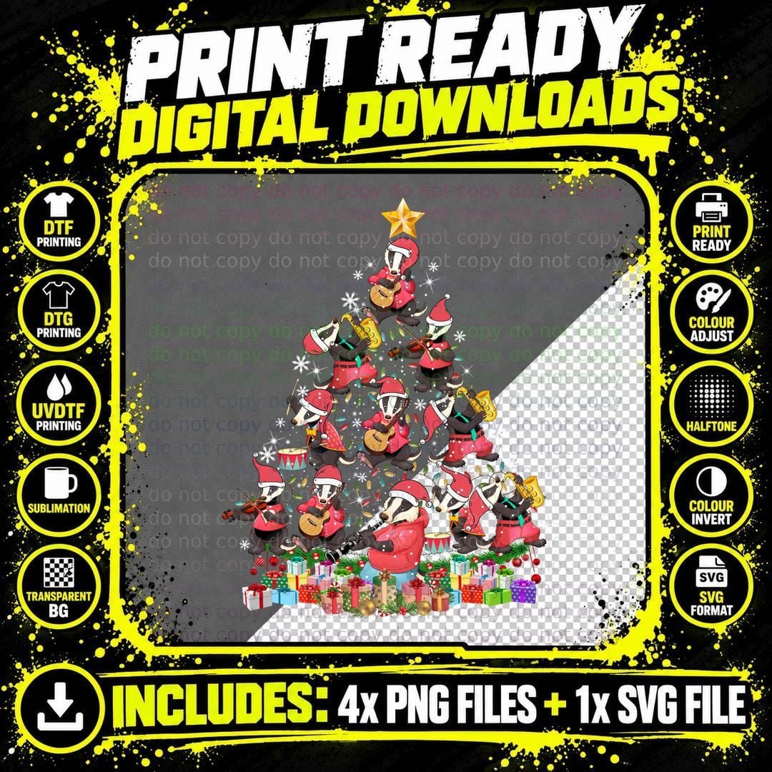Badger Christmas Tree T-Shirt, Festive Animal Print Png SVG Digital Bundle