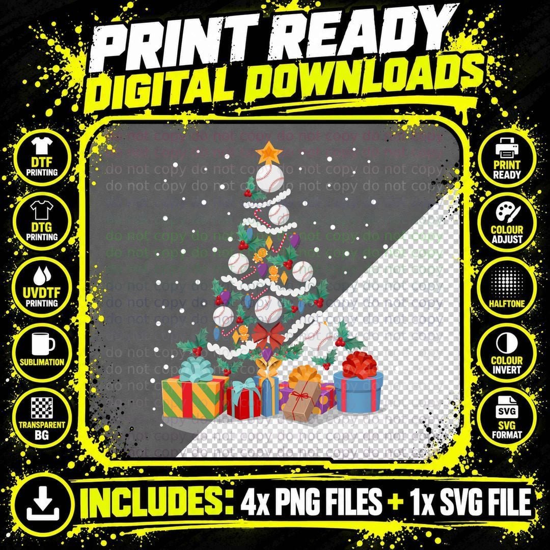 Baseball Christmas Tree T-Shirt, Festive Sports Theme Png SVG Digital Bundle