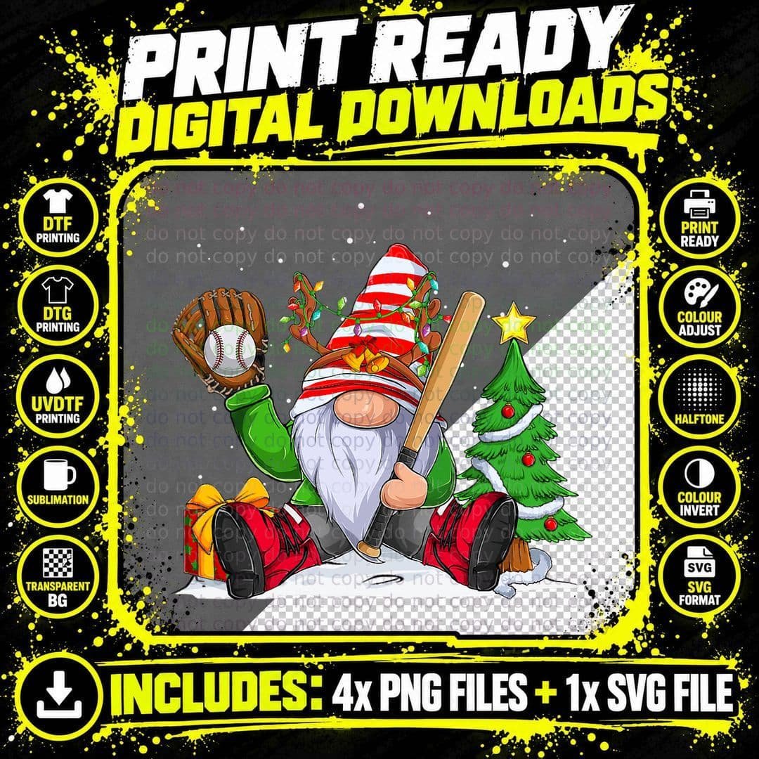 Baseball Gnome Christmas Winter Season Catcher Pitcher Png SVG Digital Bundle