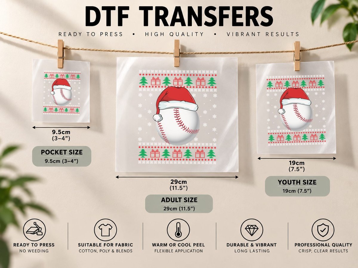 Baseball Santa Hat, Christmas Sports Style DTF Transfer Iron On