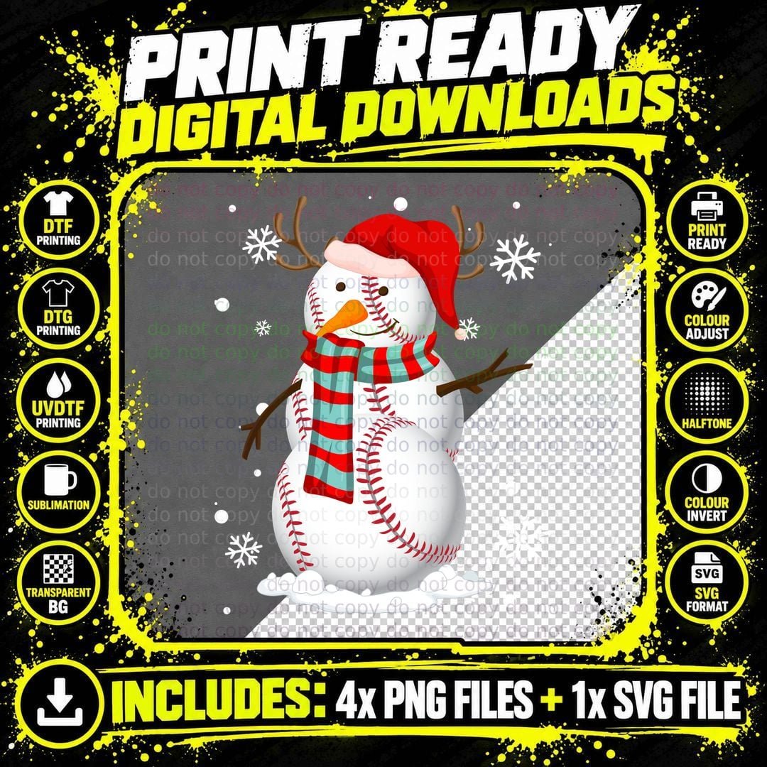 Baseball Snowman T-Shirt, Christmas Holiday Style Png SVG Digital Bundle