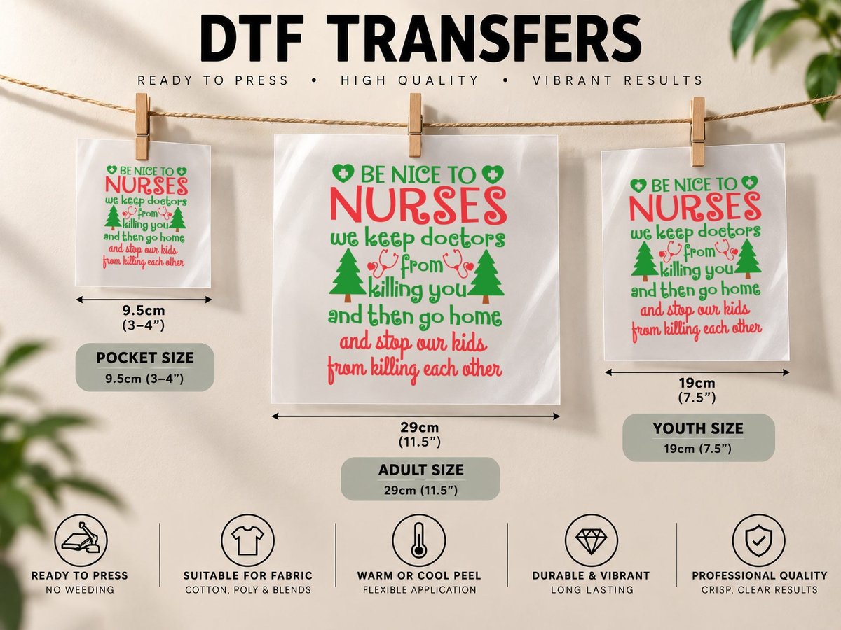 Be Nice to Nurses, Christmas Typography, Holiday Gift Idea DTF Transfer Iron On