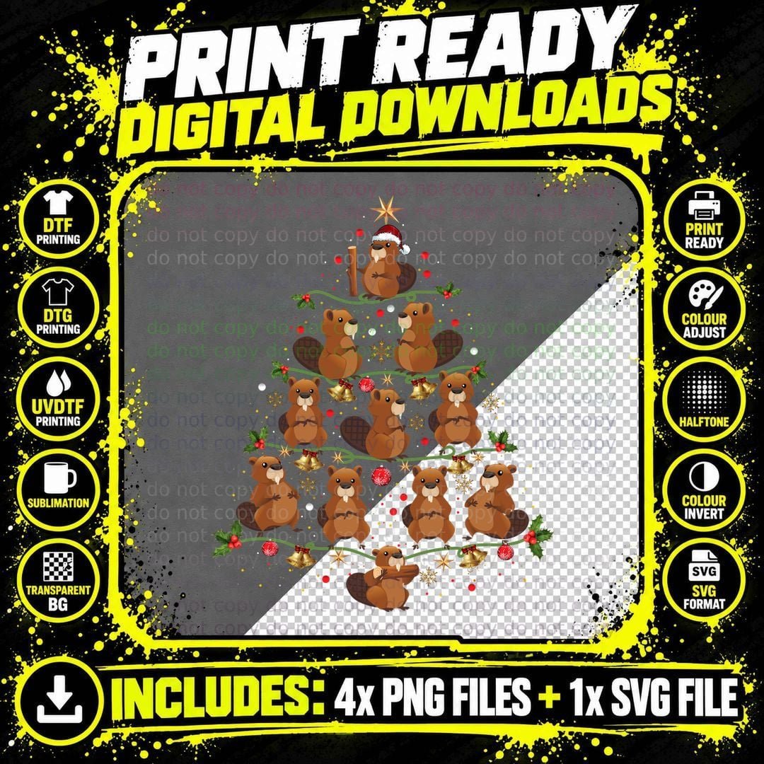 Beaver Christmas Tree T-Shirt, Festive Animal Print Png SVG Digital Bundle