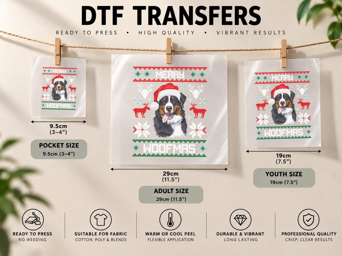 Bernese Mountain Dog Christmas, Festive Holiday Style DTF Transfer Iron On