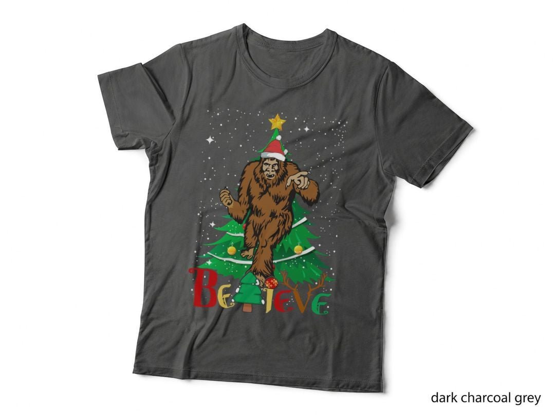 Bigfoot Christmas Tree T-Shirt, Sasquatch Holiday Print, Xmas Gift Idea