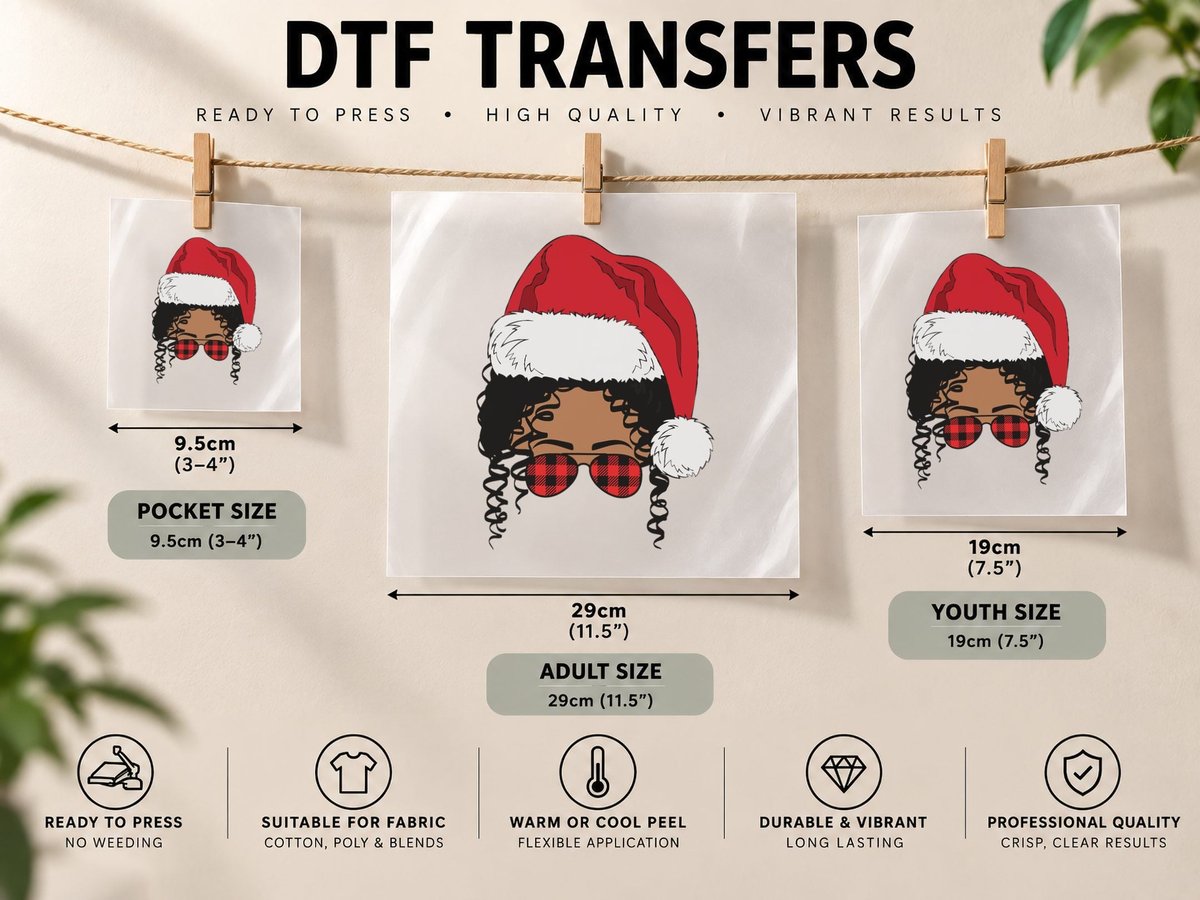 Black African American Santa Afro Christmas Melanin Buffalo DTF Transfer Iron On