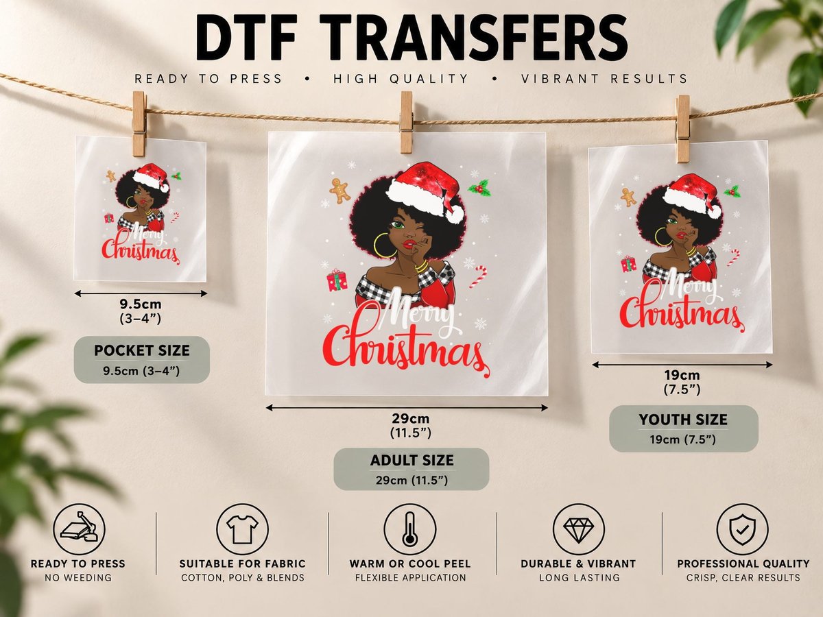 Black African Girl American Melanin Christmas Santa Hat DTF Transfer Iron On