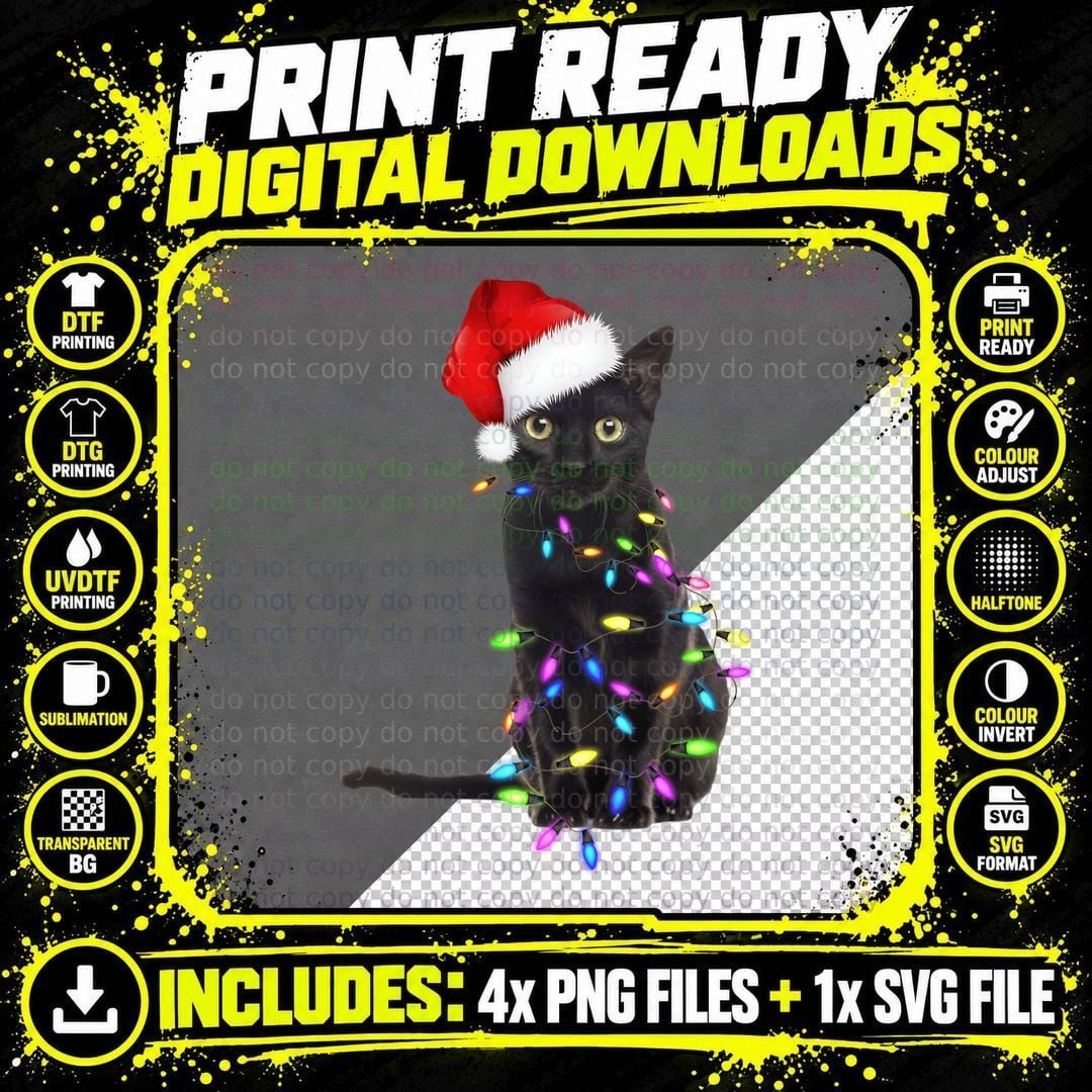 Black Cat Christmas Lights Outfit T-Shirt Png SVG Digital Bundle