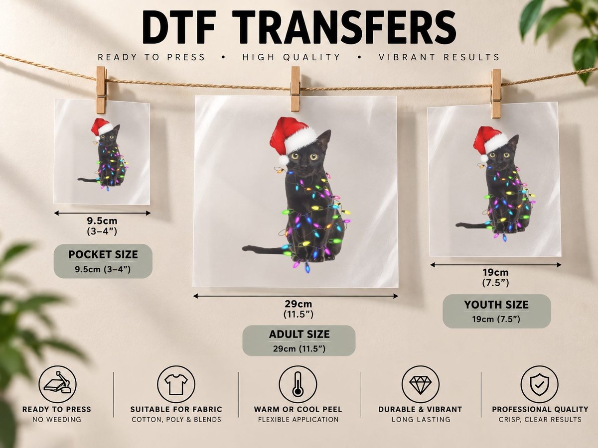 Black Cat Christmas Lights Outfit, Festive Holiday Print DTF Transfer Iron On