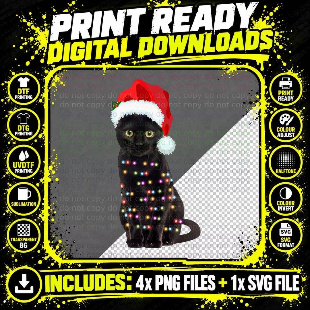 Black Cat Christmas Lights Pullover Hoodie Png SVG Digital Bundle