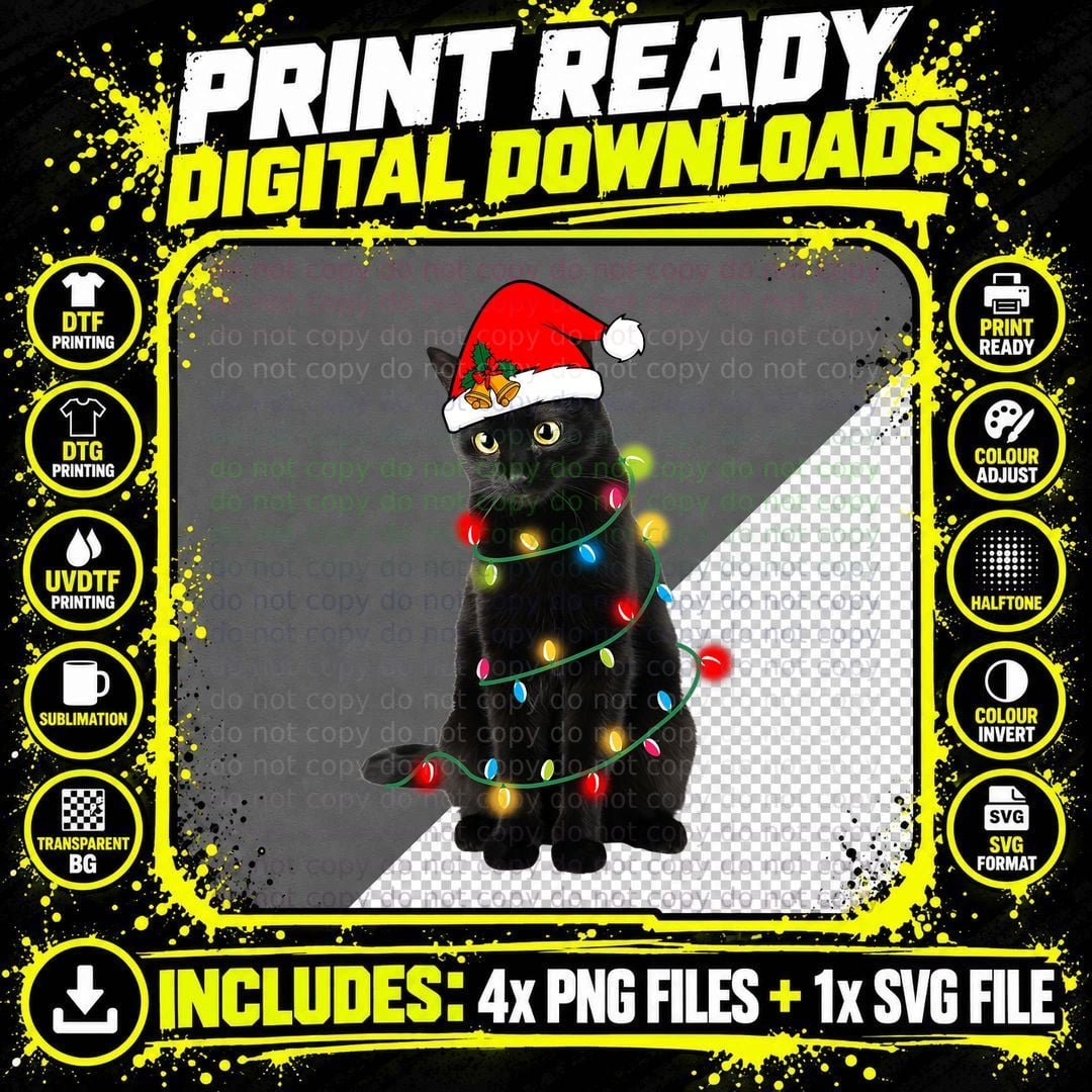 Black Cat Christmas Lights T-Shirt Png SVG Digital Bundle