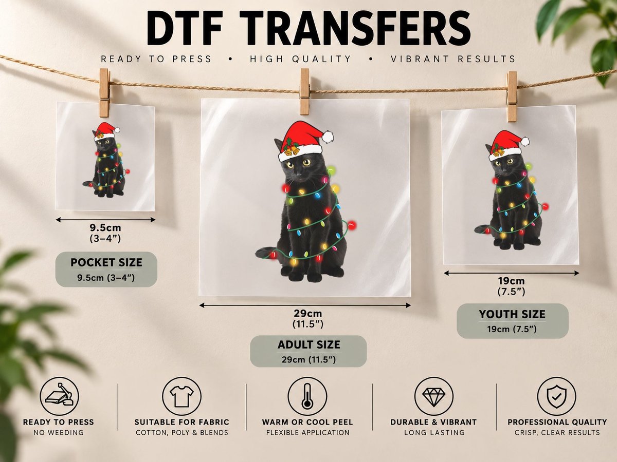 Black Cat Christmas Lights, Festive Holiday Print DTF Transfer Iron On