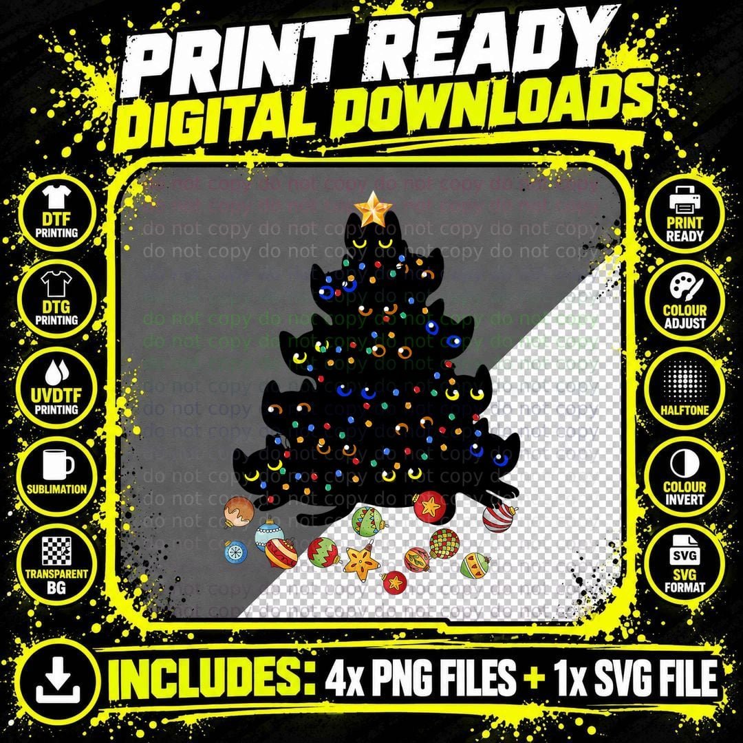 Black Cat Christmas Tree Light Funny Cat Lover T-Shirt Png SVG Digital Bundle