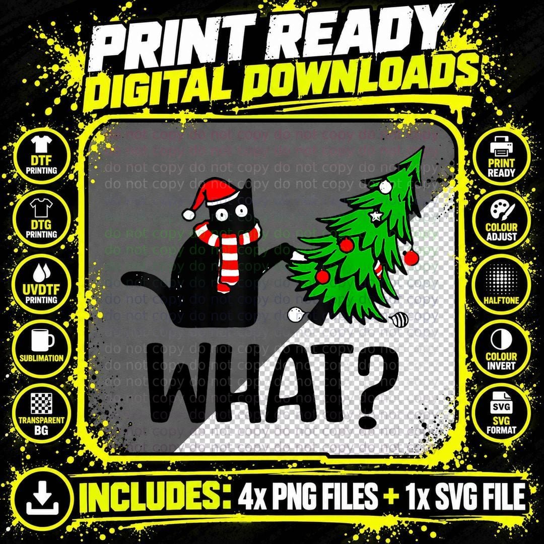 Black Cat Pushing Christmas Tree Over Cat What Gift Png SVG Digital Bundle