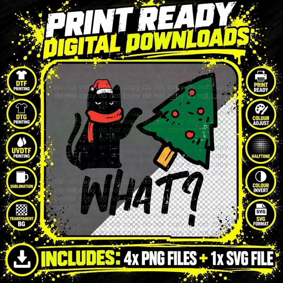 Black Cat Tipping Christmas Tree What Funny Men Women Png SVG Digital Bundle