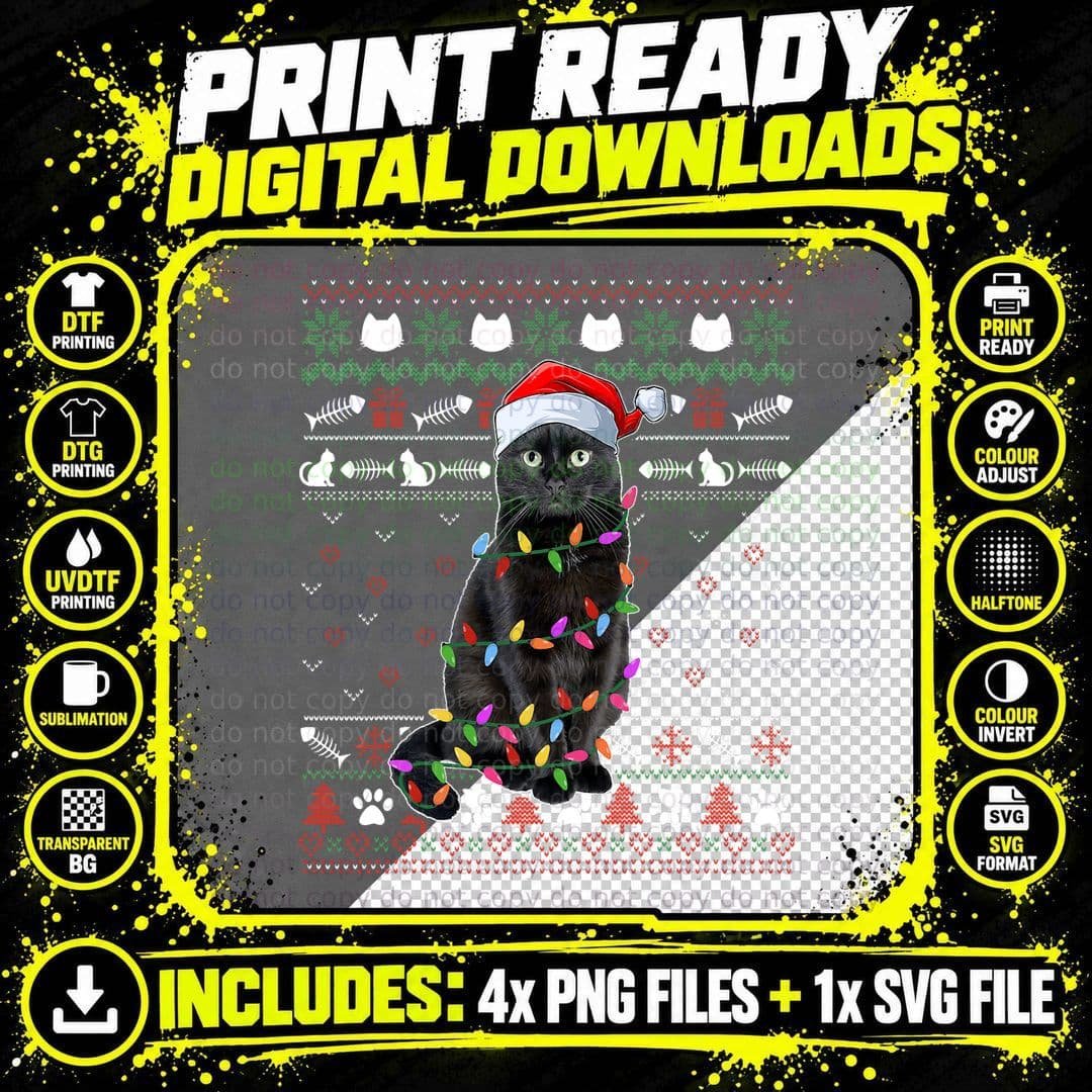 Black Cat Ugly Christmas Sweater T-Shirt Png SVG Digital Bundle