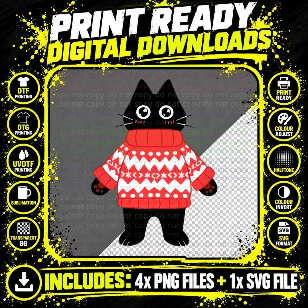 Black Cat Wearing Ugly Sweater Classic T-Shirt Png SVG Digital Bundle