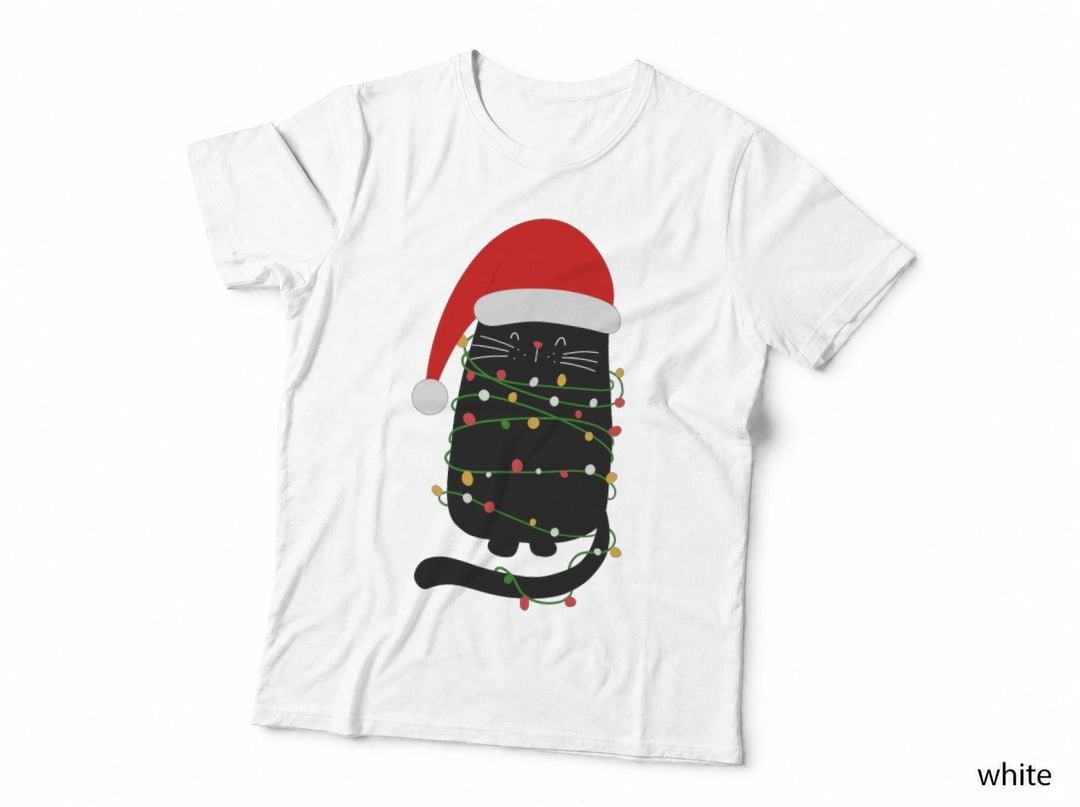Black Christmas Cat LED Light T-Shirt, Festive Holiday Print