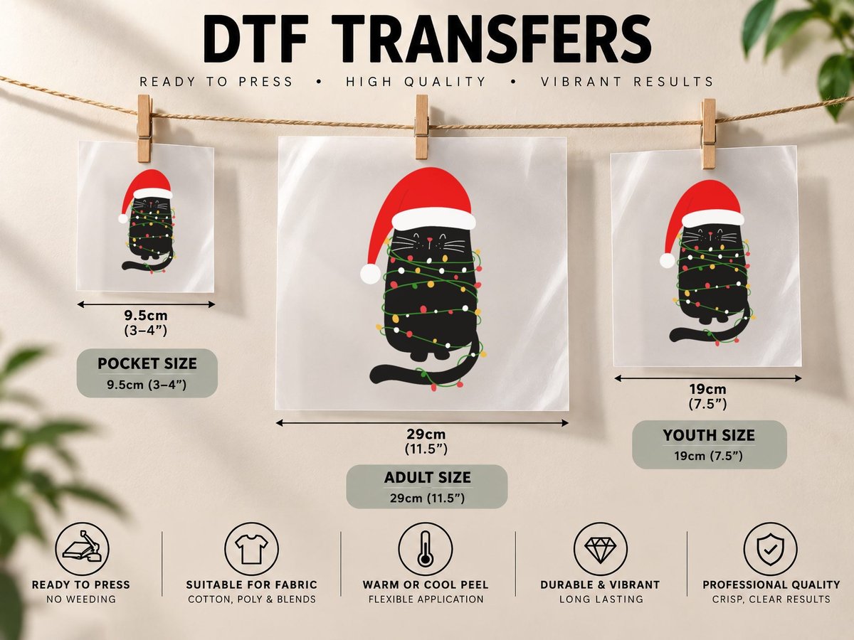 Black Christmas Cat LED Light, Festive Holiday Print DTF Transfer Iron On