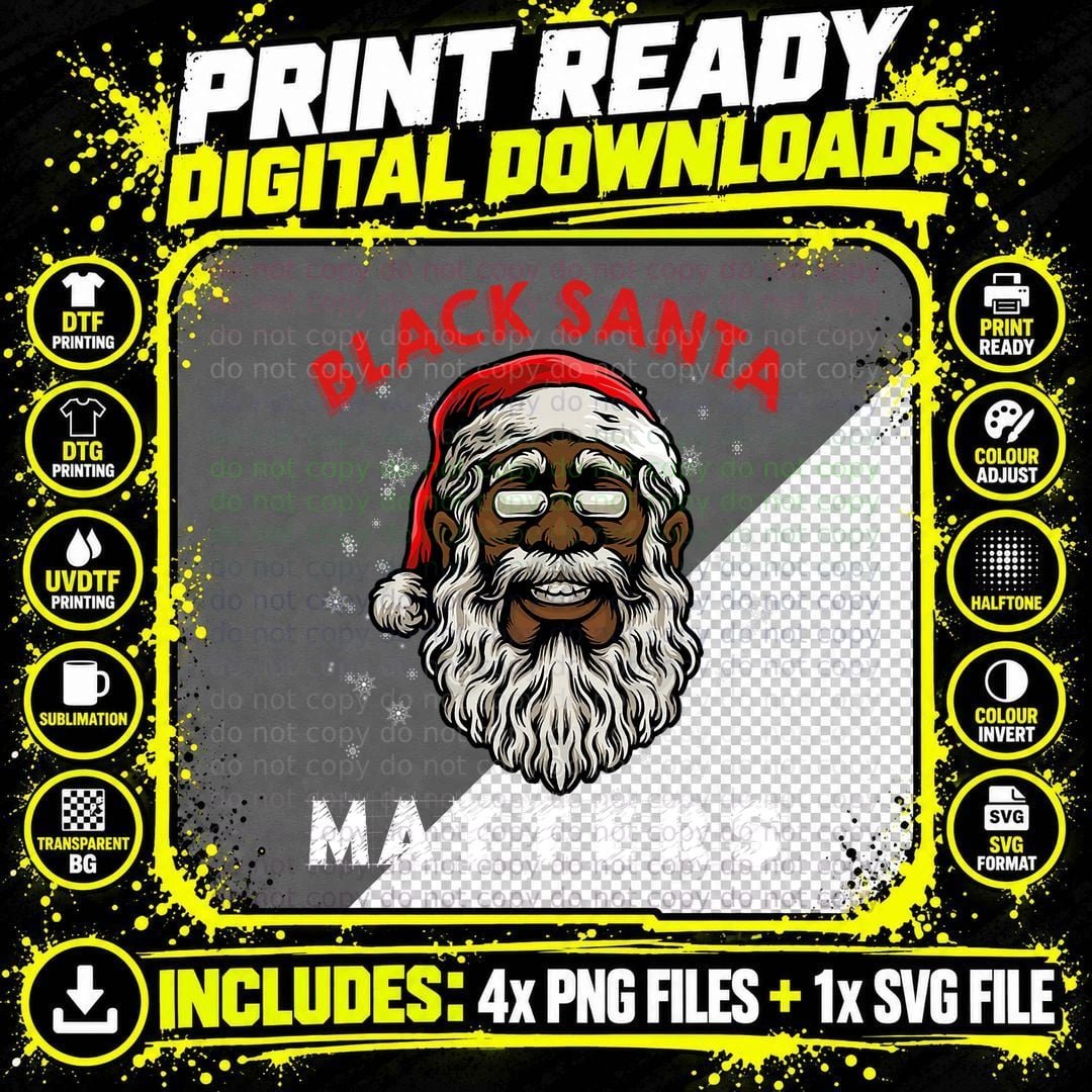 Black Santa T-Shirt, Christmas Holiday Png SVG Digital Bundle