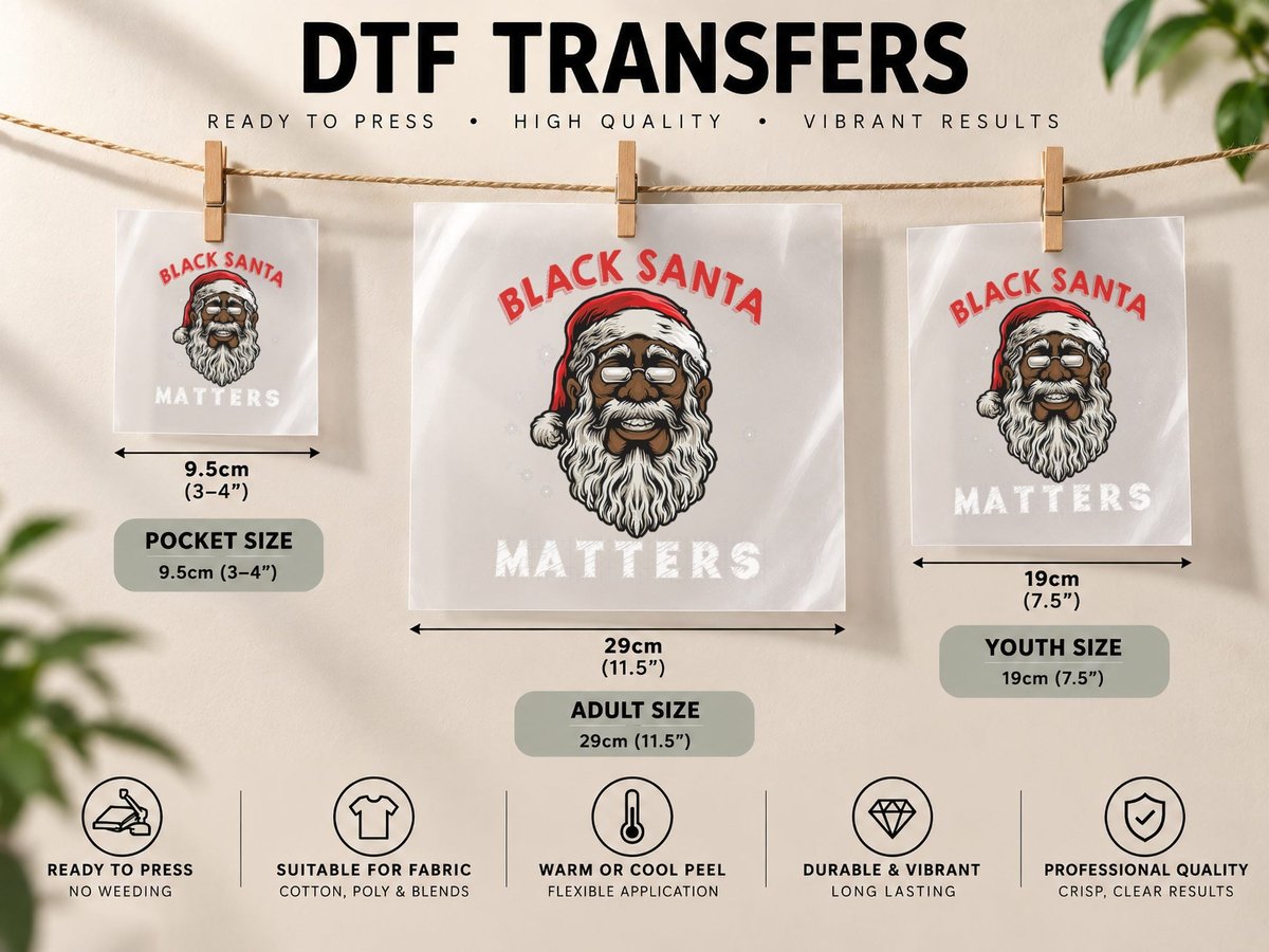 Black Santa, Christmas Holiday, African American Santa DTF Transfer Iron On