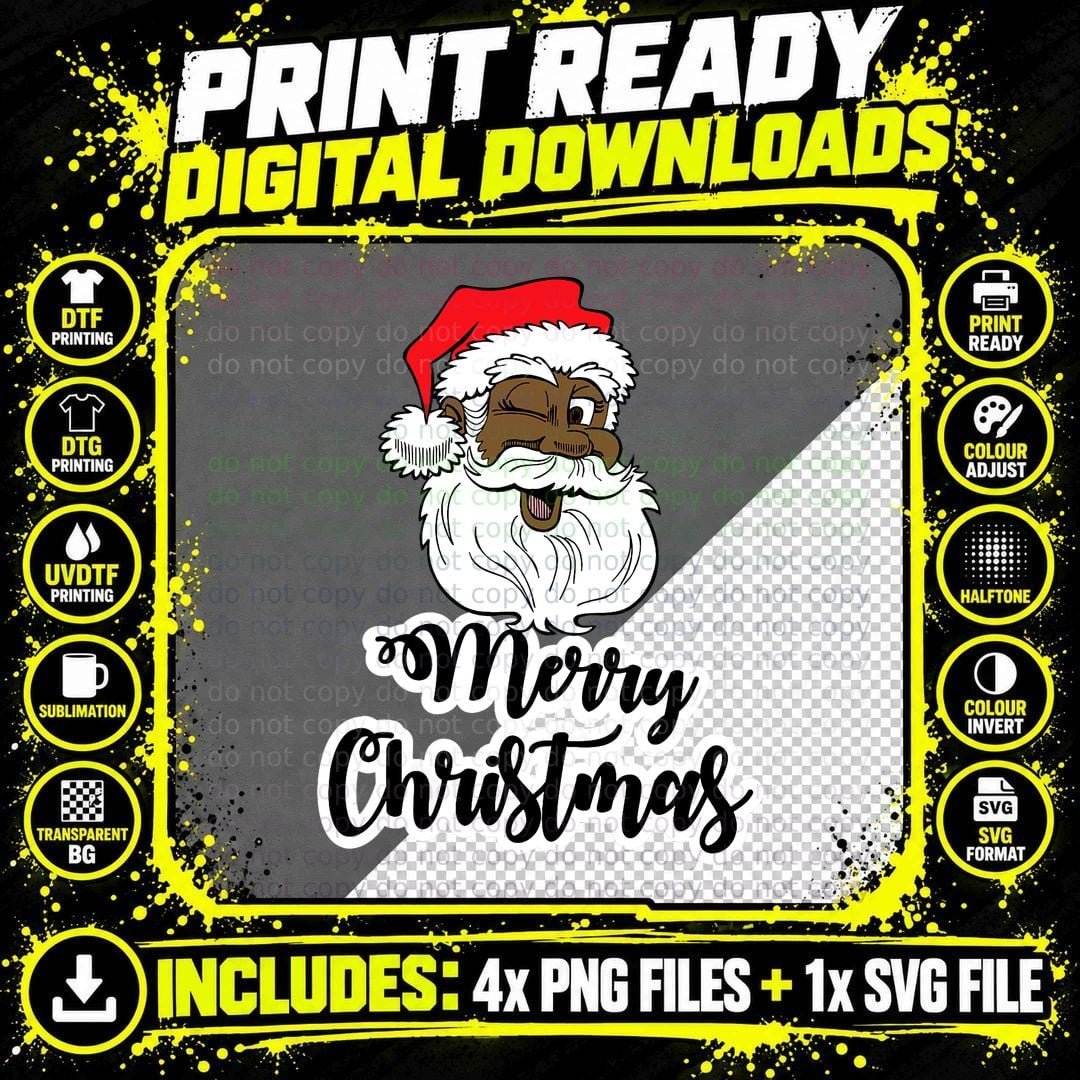 Black Winking Santa Merry Christmas T-Shirt Png SVG Digital Bundle
