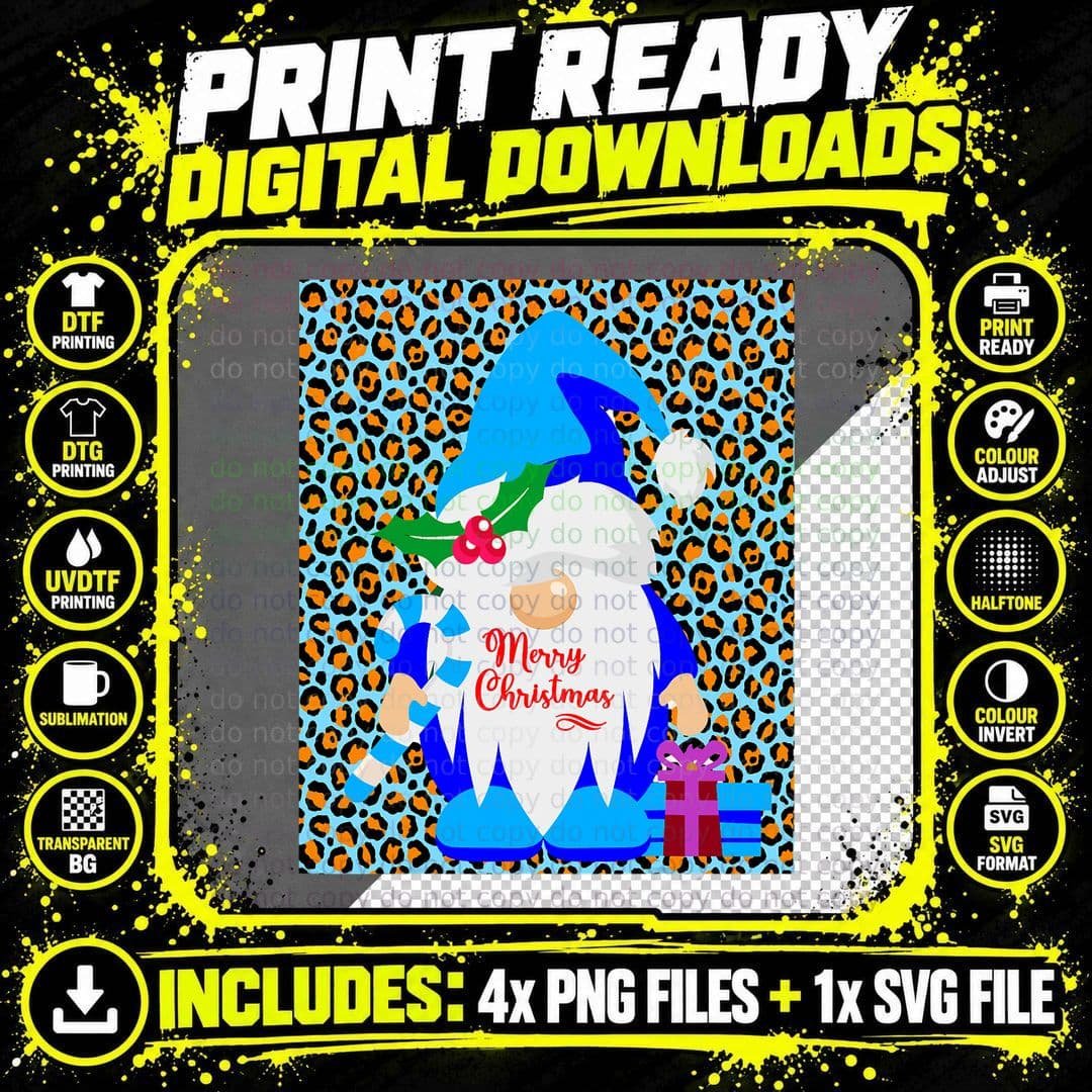 Blue Gnome Christmas Santa T-Shirt, Animal Print Png SVG Digital Bundle