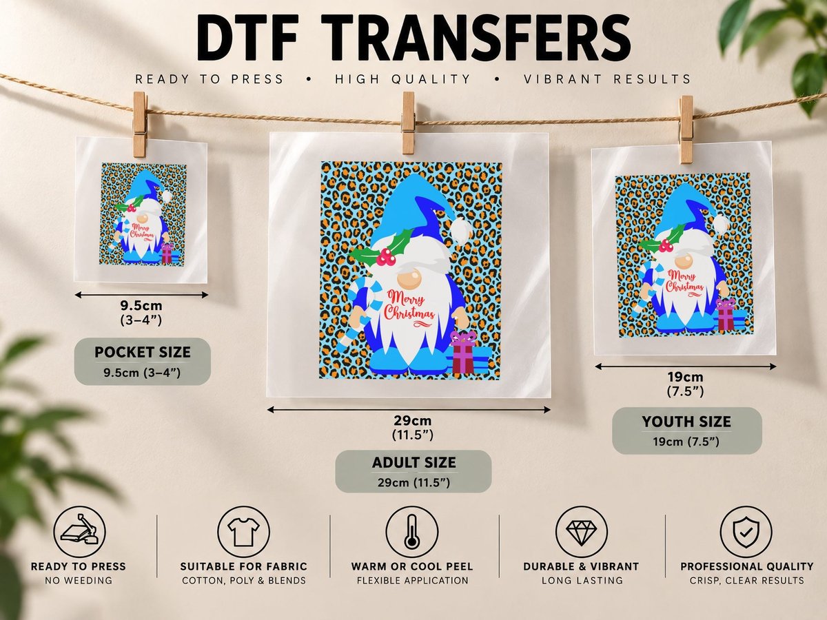 Blue Gnome Christmas Santa, Animal Print DTF Transfer Iron On
