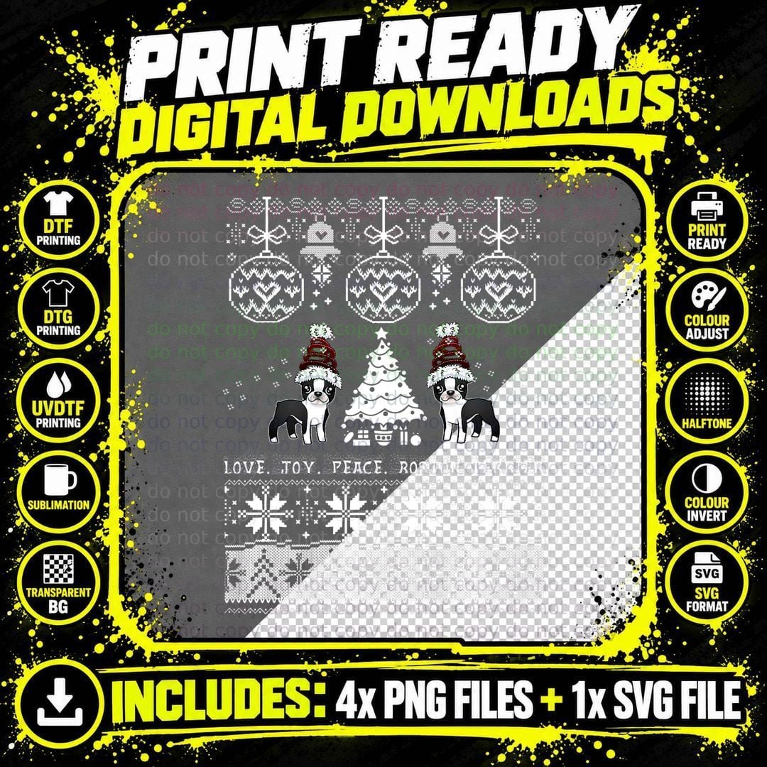 Boston Terrier Christmas Sweater T-Shirt Png SVG Digital Bundle
