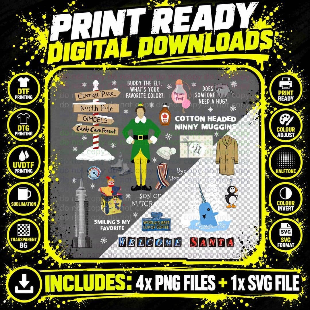 Buddy the Elf Collage T-Shirt, Christmas Classic Png SVG Digital Bundle
