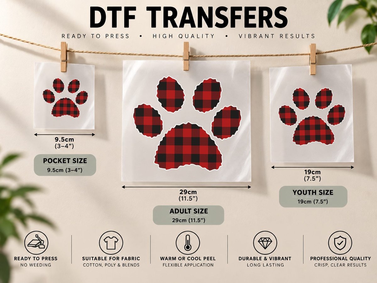 Buffalo Plaid Paw Print, Christmas Pet Lover DTF Transfer Iron On