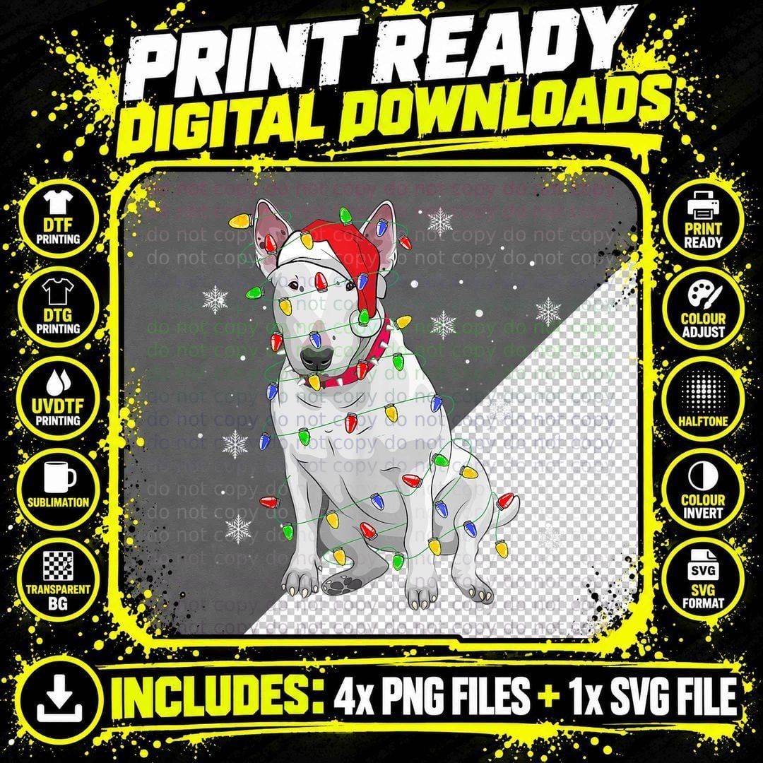 Bull Terrier Christmas Sweater Dog Xmas Lights Tree Png SVG Digital Bundle