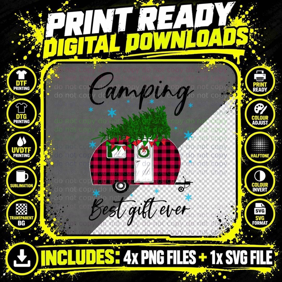 Camping Christmas Camper T-Shirt, Buffalo Plaid Style Png SVG Digital Bundle