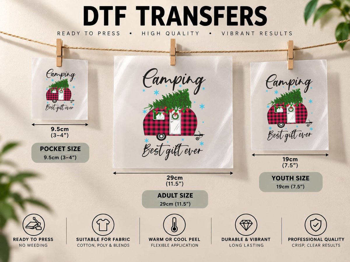 Camping Christmas Camper, Buffalo Plaid Style DTF Transfer Iron On