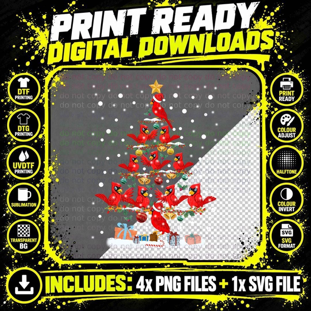 Cardinal Christmas Tree T-Shirt, Festive Holiday Print Png SVG Digital Bundle