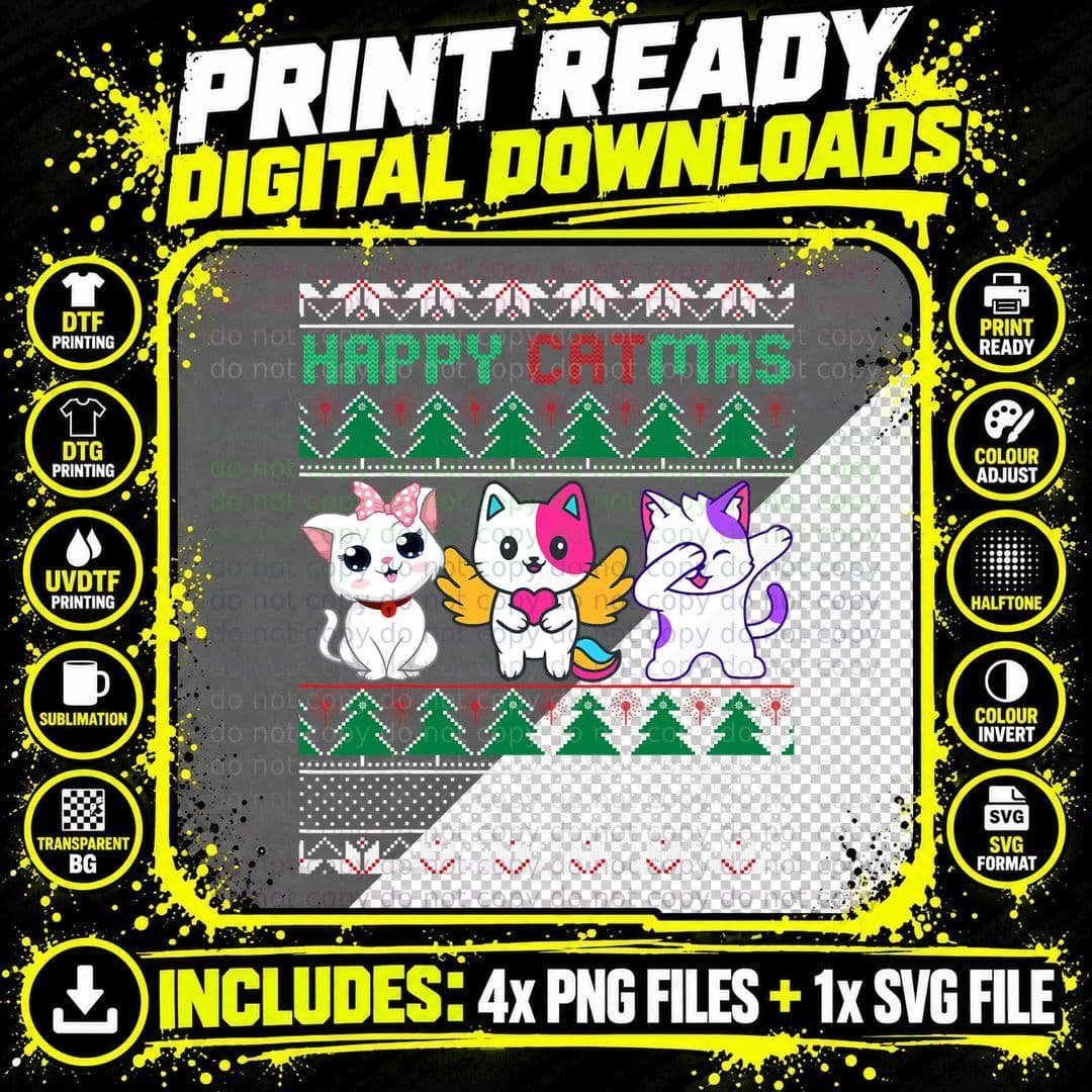 Cat Christmas Sweater T-Shirt, Festive Holiday Print Png SVG Digital Bundle