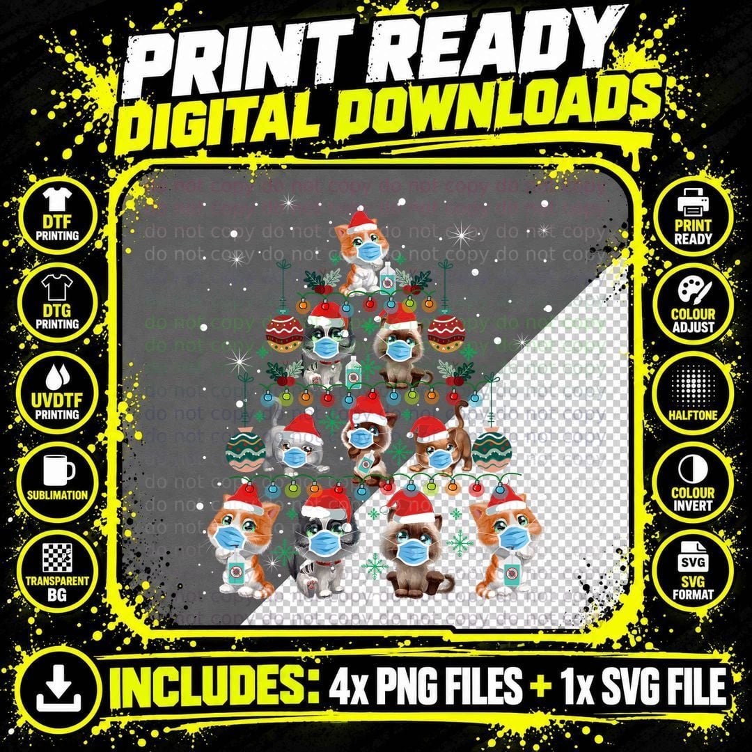 Cat Mask Christmas Tree Cute T-Shirt Png SVG Digital Bundle