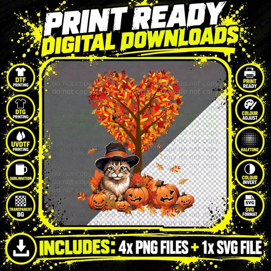 Cat Pumpkin Halloween T-Shirt, Fall Festive Print Png SVG Digital Bundle