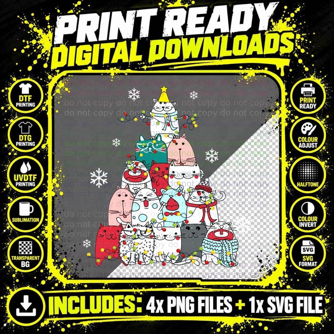 Cats Christmas Tree T-Shirt, Festive Holiday Print Png SVG Digital Bundle