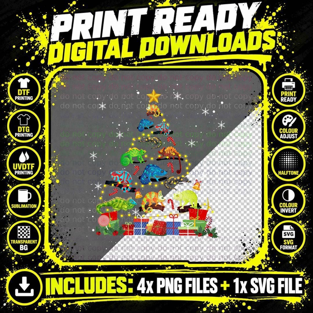 Chameleon Christmas Tree T-Shirt, Festive Animal Print Png SVG Digital Bundle