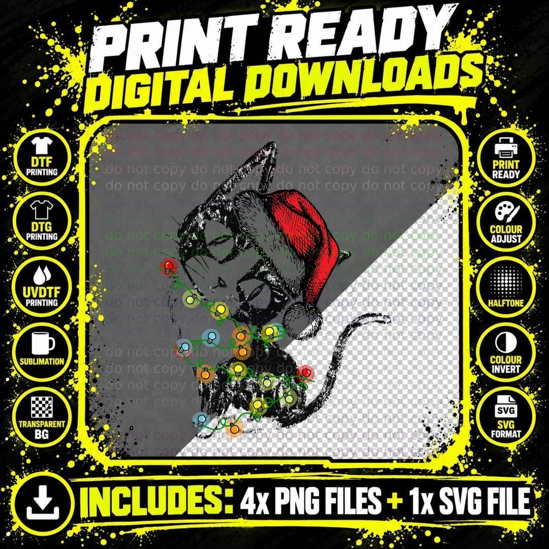 Christmas Cat Kitten with Lights T-Shirt Png SVG Digital Bundle