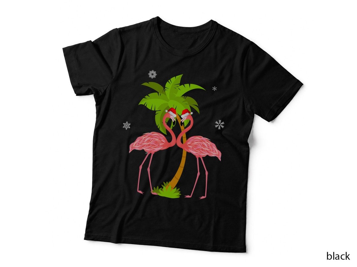 Christmas Flamingo Love Palm Tree T-Shirt, Festive Holiday Print