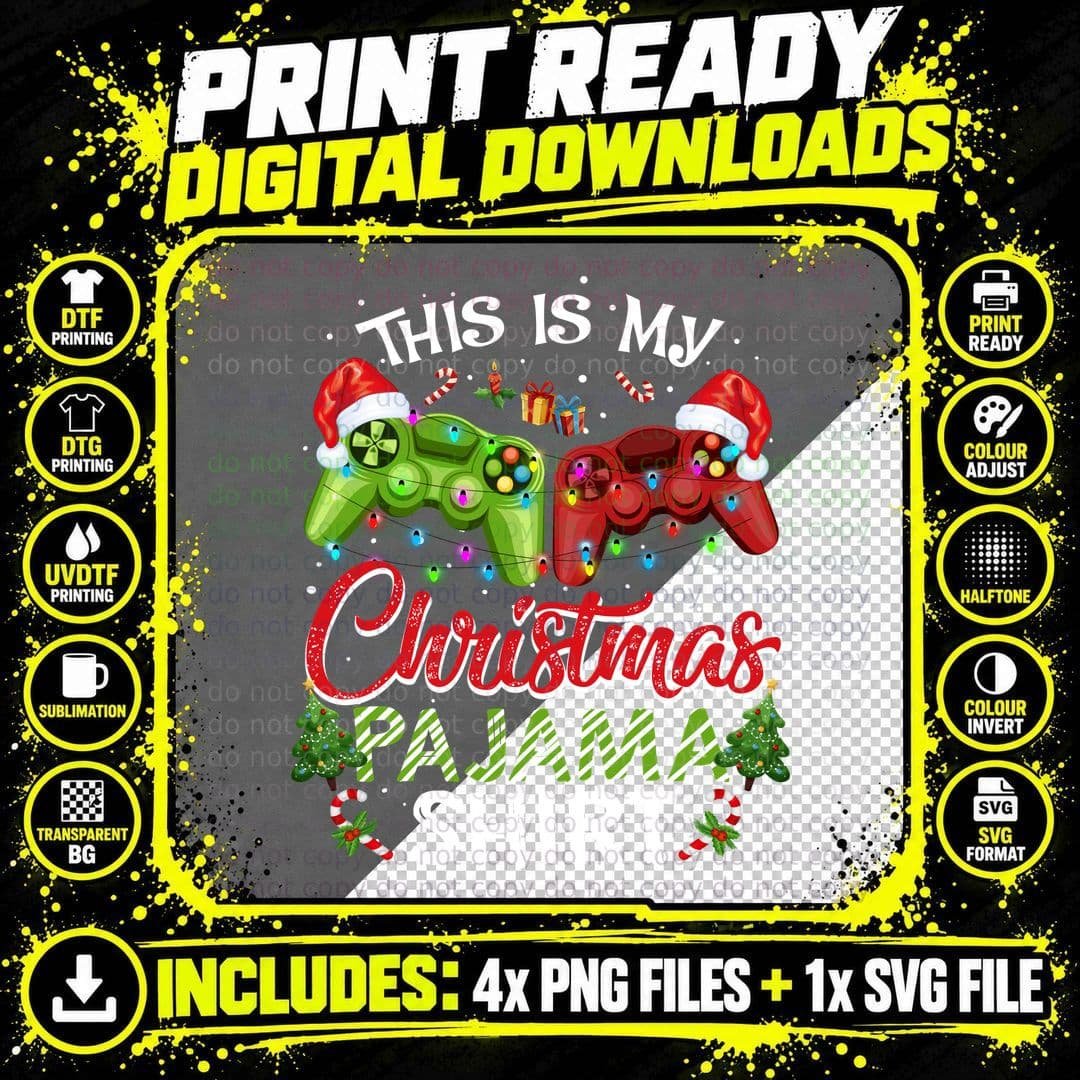 Christmas Gamer Pajama Shirt, Holiday Gaming Png SVG Digital Bundle