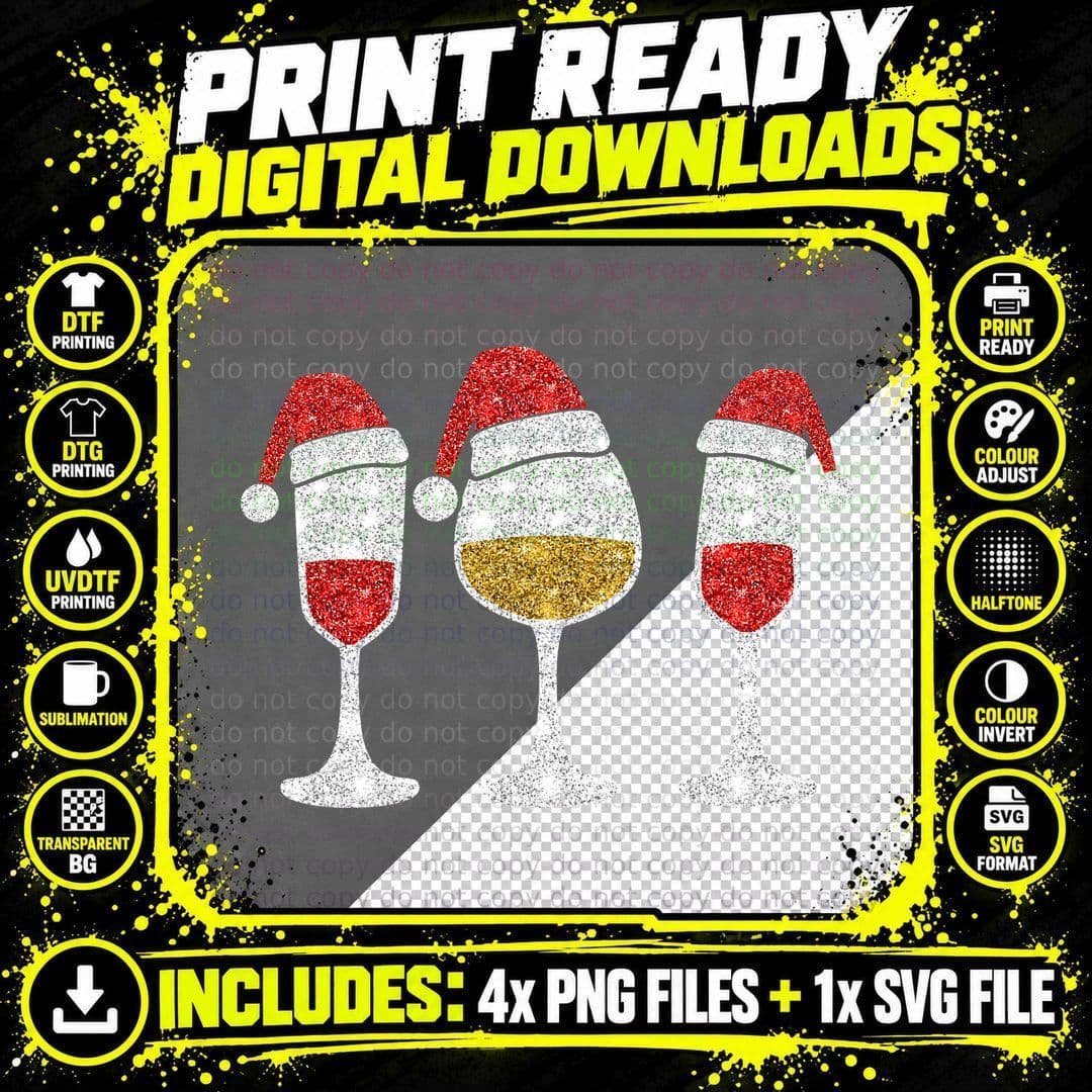 Christmas Glitter Santa Wine Glasses T-Shirt Png SVG Digital Bundle
