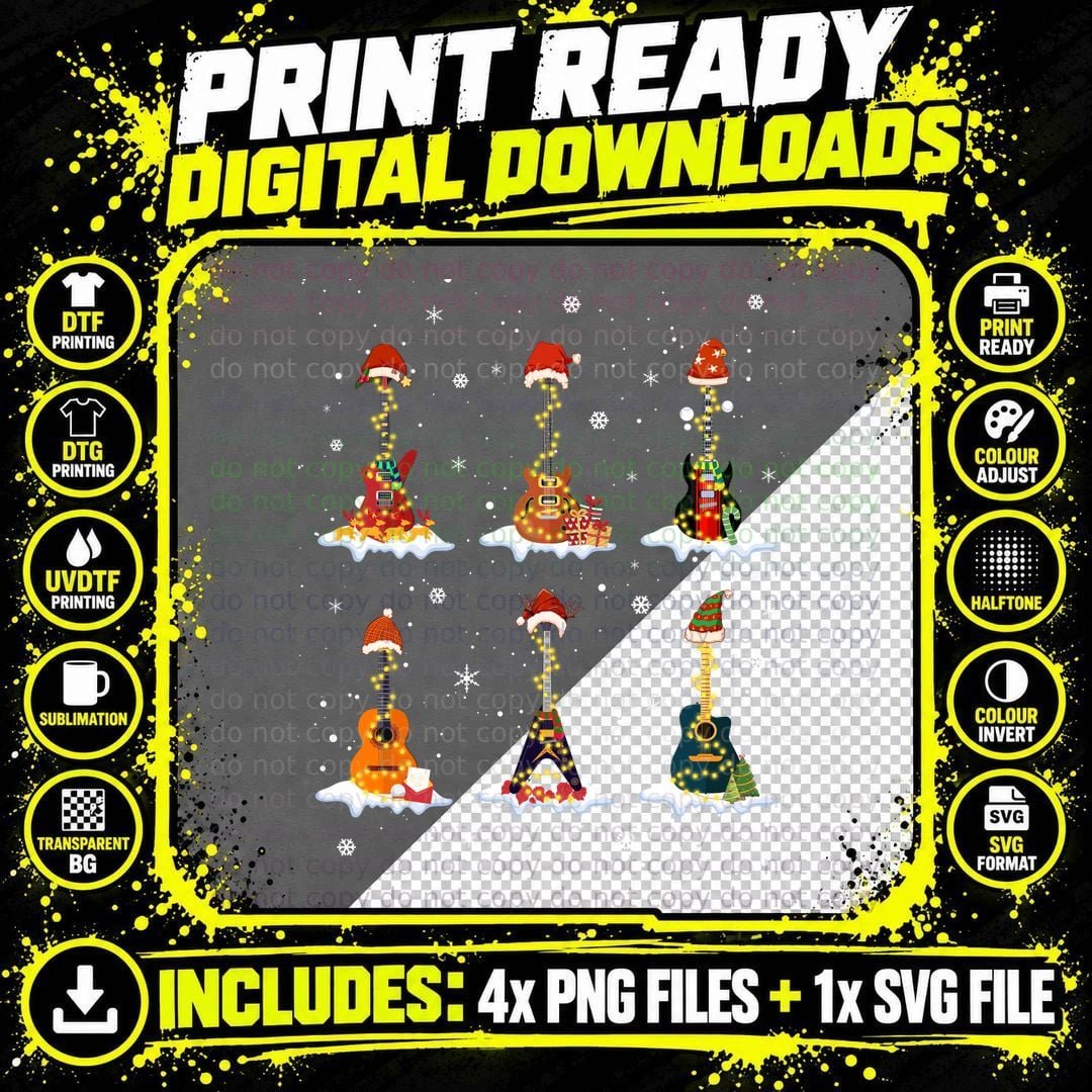 Christmas Guitar Acoustic Electric T-Shirt Png SVG Digital Bundle