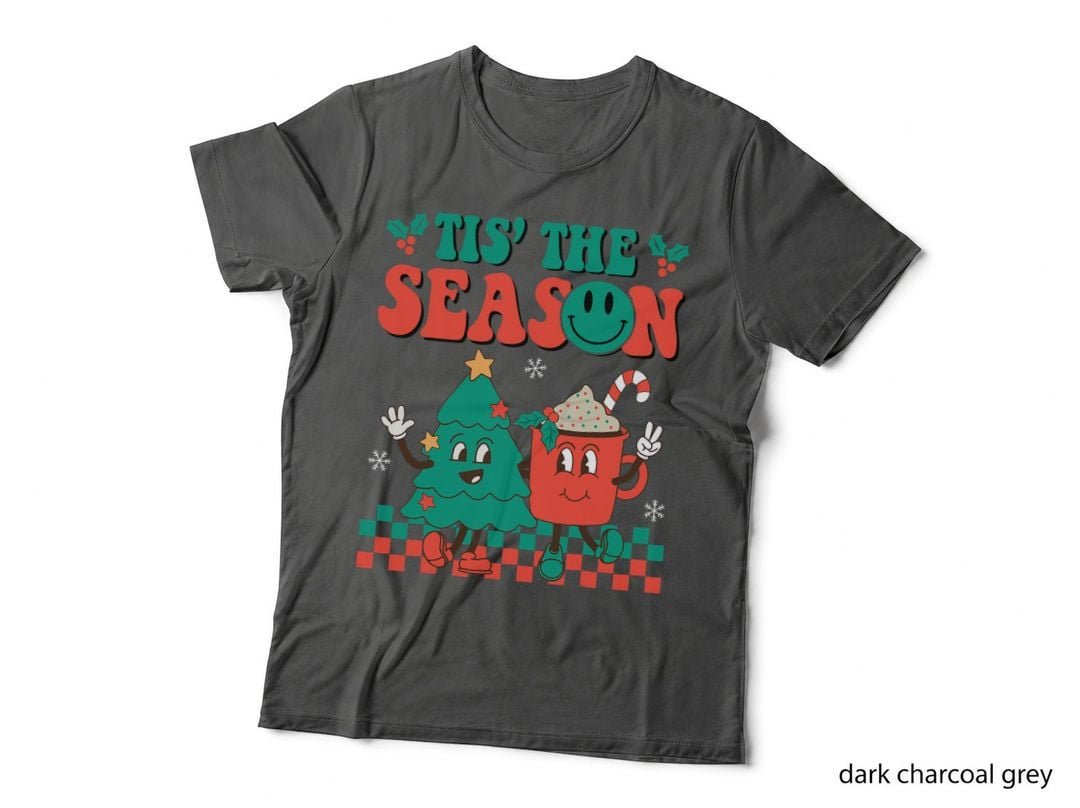 Christmas Hippie Hot Cocoa Pine Tree T-Shirt, Groovy Seasonal, Festive Vibes