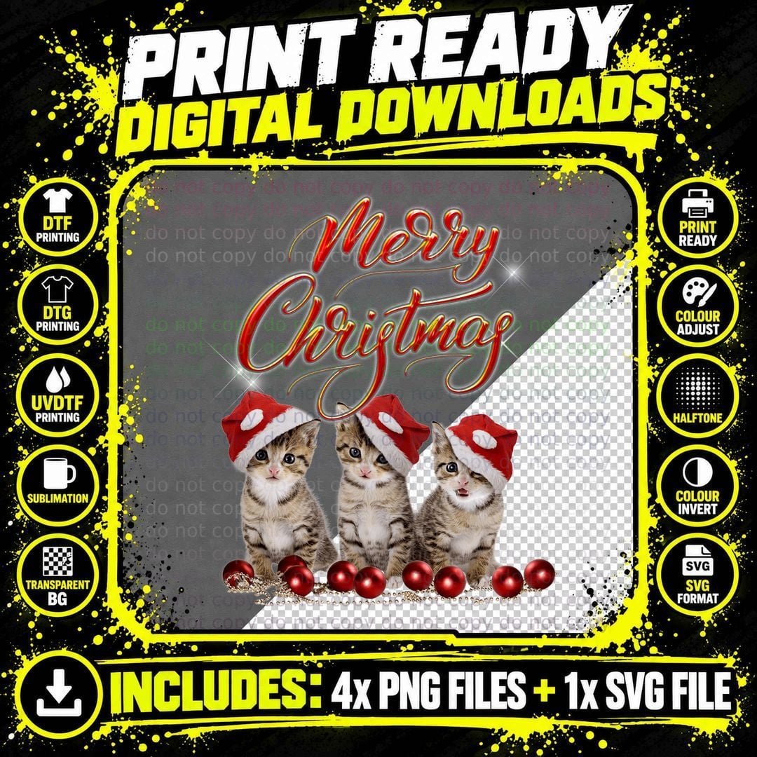Christmas Kittens T-Shirt, Festive Cat Print Png SVG Digital Bundle