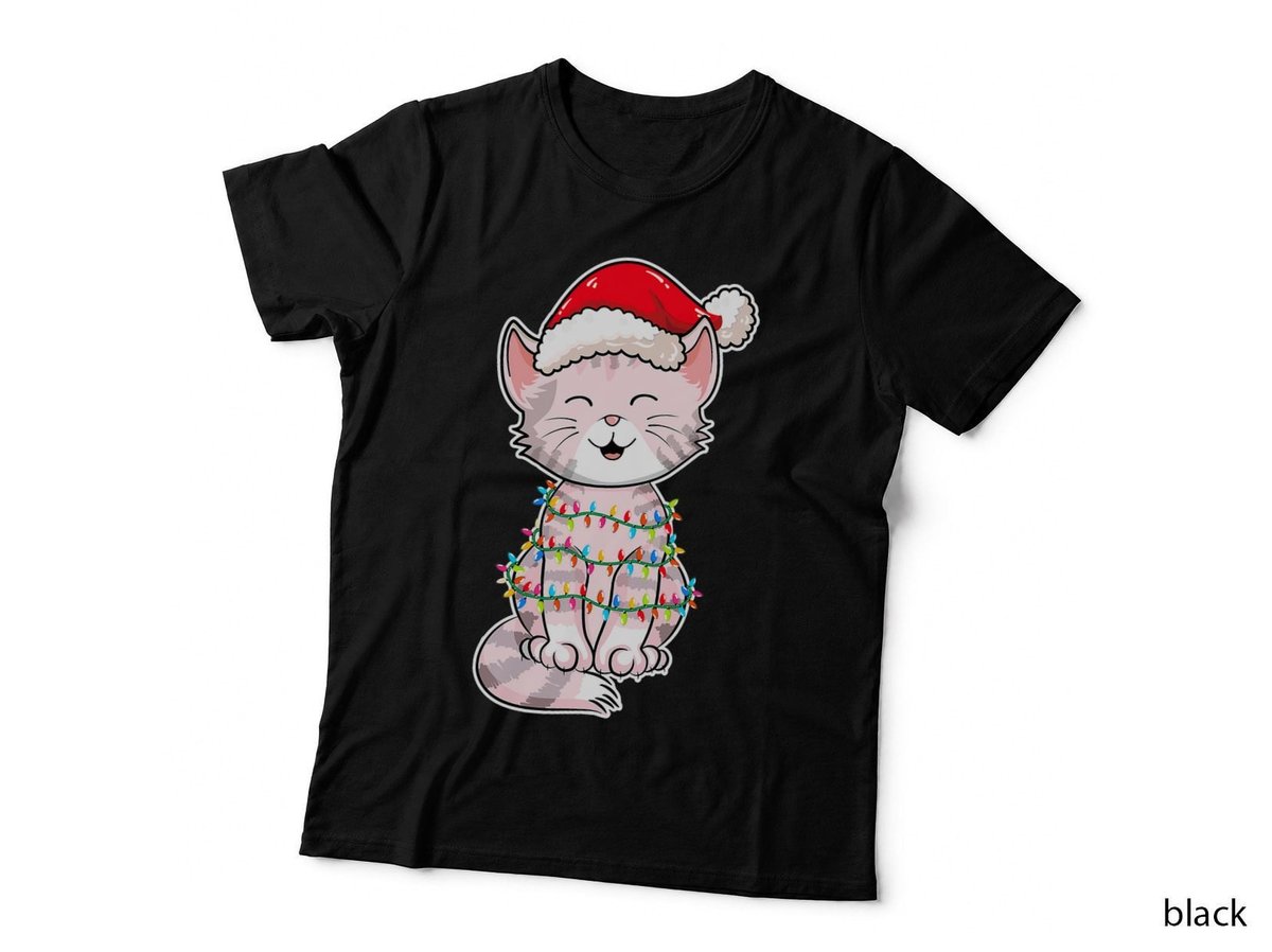 Christmas Lights Cat Wearing Xmas Hat T-Shirt, Festive Holiday Style