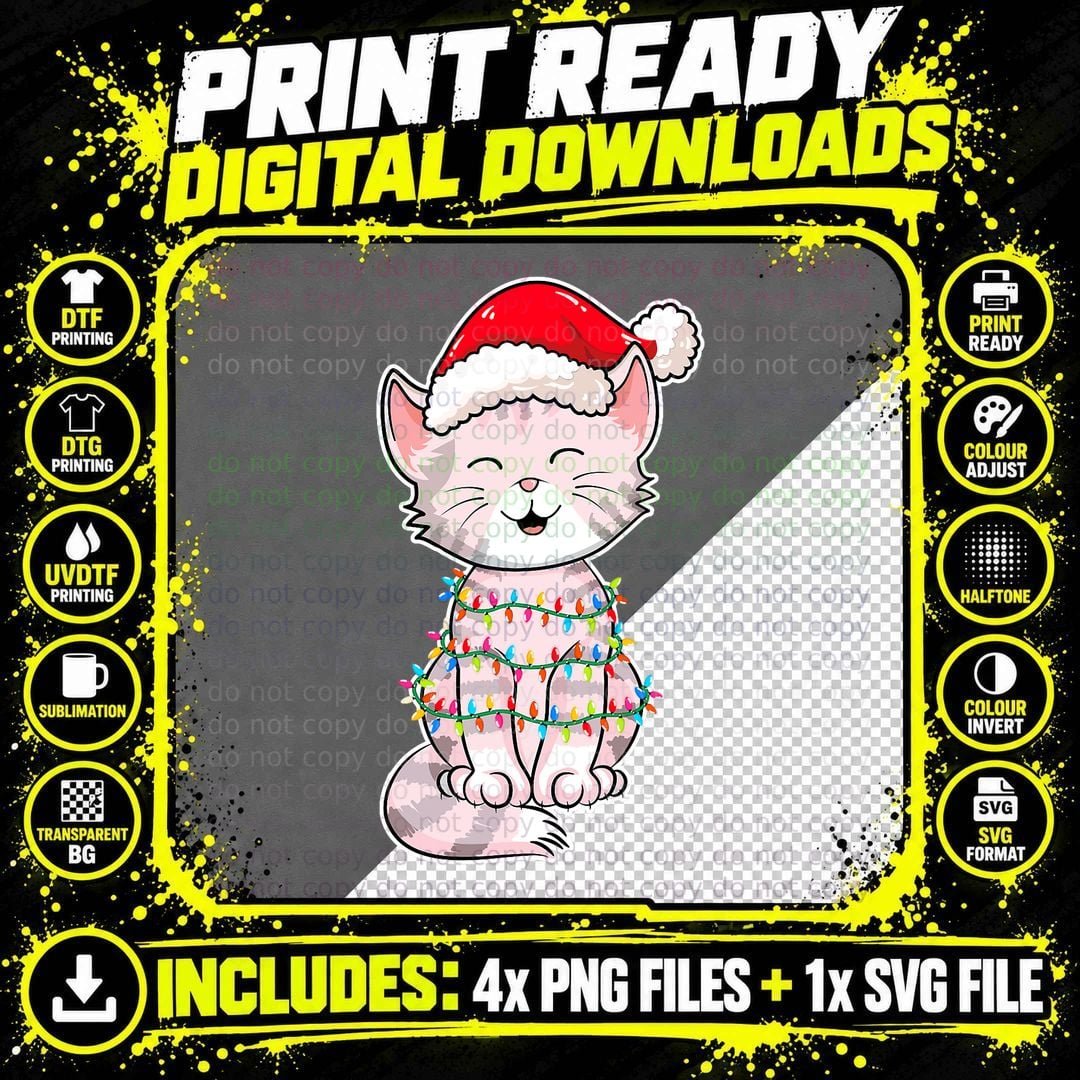 Christmas Lights Cat Wearing Xmas Hat T-Shirt Png SVG Digital Bundle