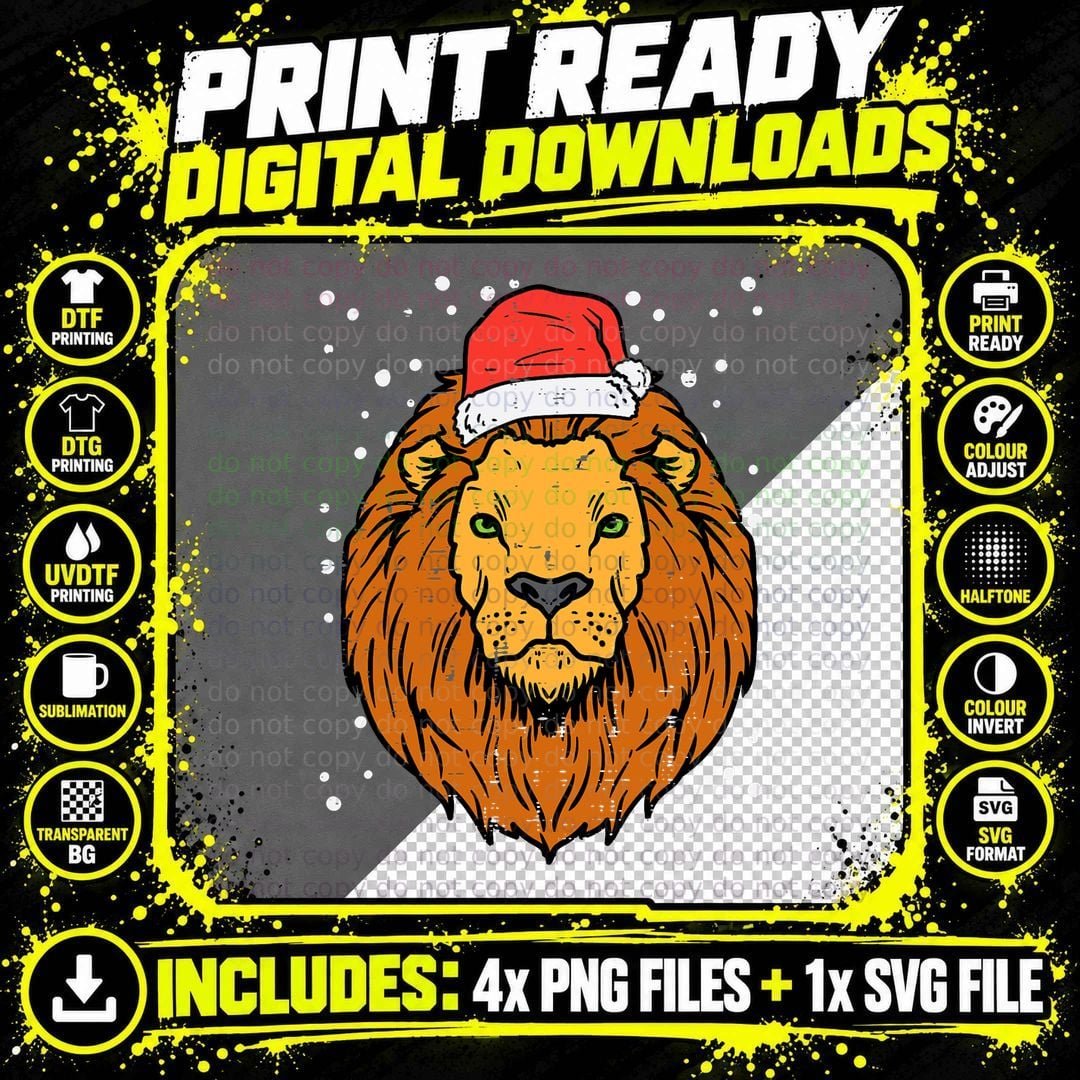 Christmas Lion Santa T-Shirt, Holiday Animal Print Png SVG Digital Bundle